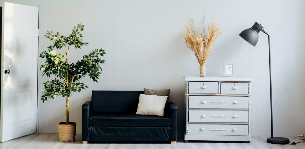 黒いソファと白いクローゼットの組み合わせ
